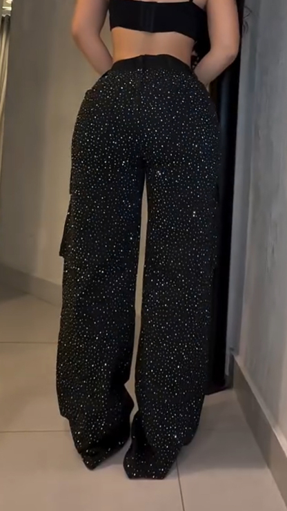 Women's Rhinestone Loose Casual Cargo Jeans