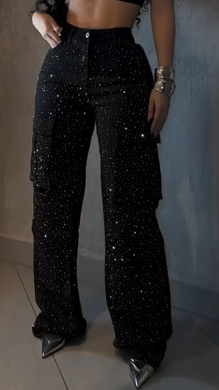 Women's Rhinestone Loose Casual Cargo Jeans