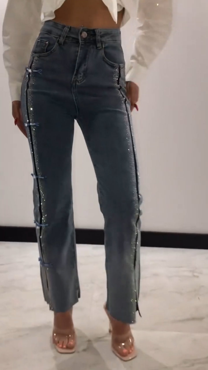 Women's Jeans with Rhinestone Slits and Buttons