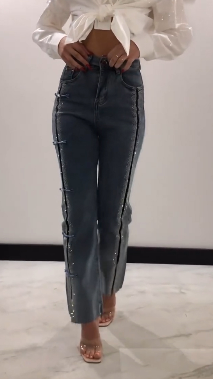 Women's Jeans with Rhinestone Slits and Buttons