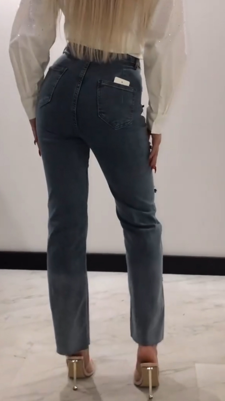 Women's Jeans with Rhinestone Slits and Buttons