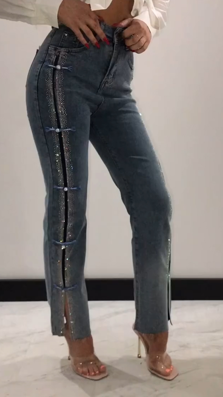 Women's Jeans with Rhinestone Slits and Buttons