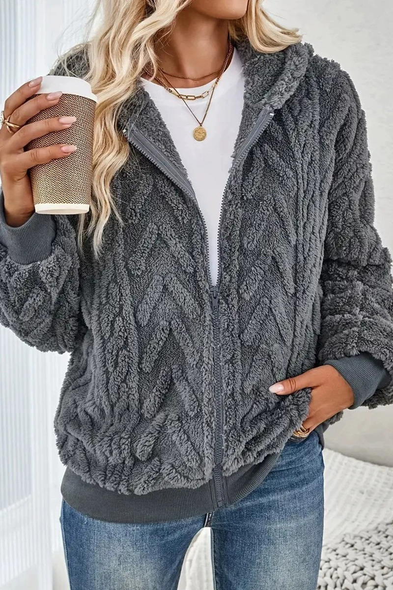 Women's Plain Zippered Hooded Fleece Jacket