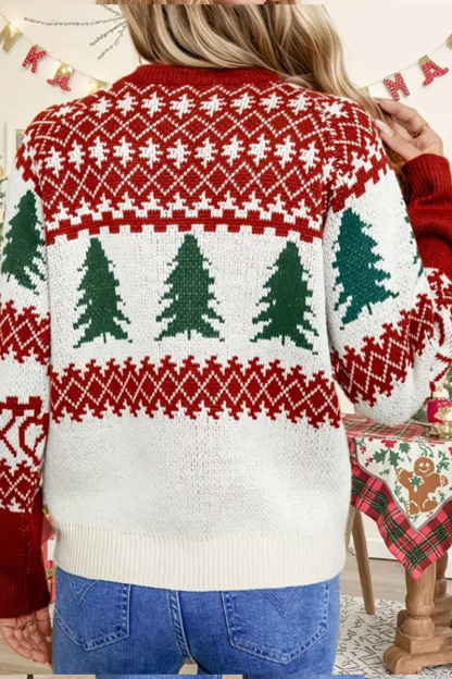 Ladies' Festive Christmas Tree Print Crewneck Long-Sleeve Knit Sweater