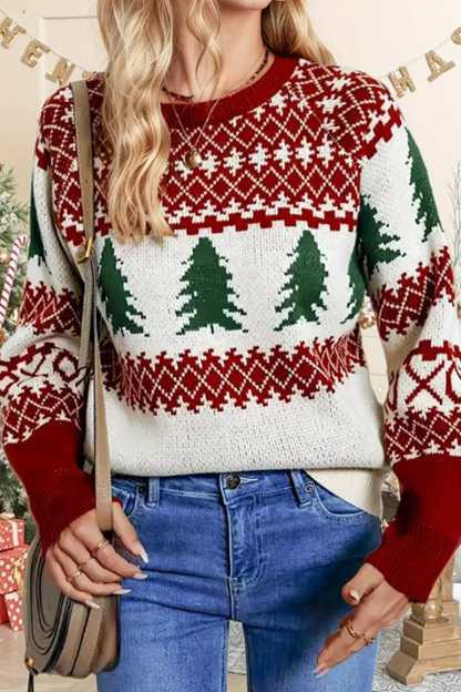 Ladies' Festive Christmas Tree Print Crewneck Long-Sleeve Knit Sweater