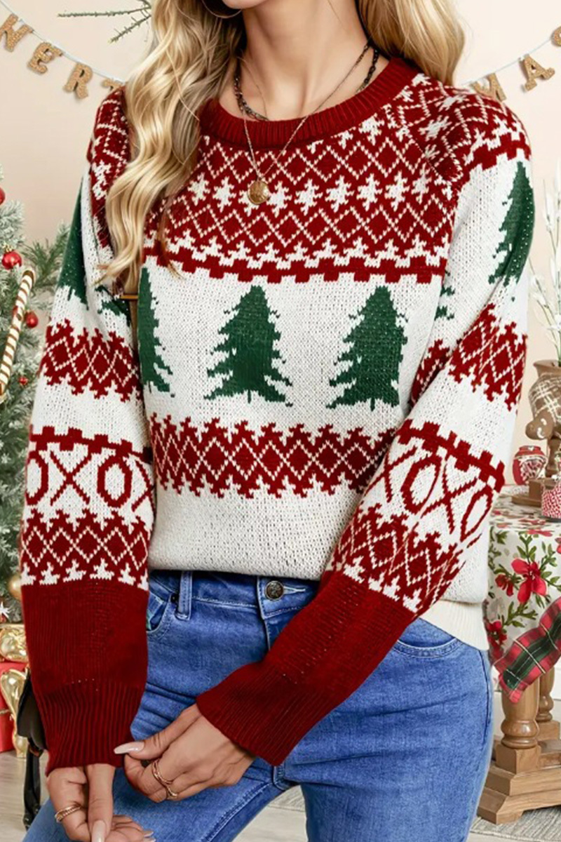 Ladies' Festive Christmas Tree Print Crewneck Long-Sleeve Knit Sweater