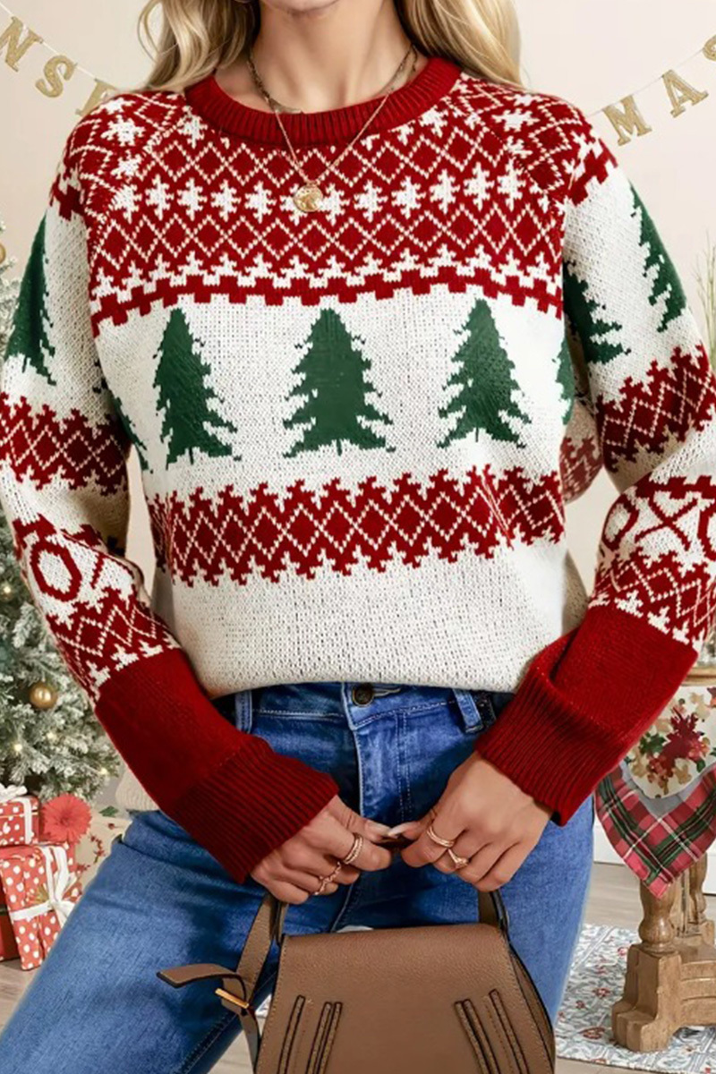 Ladies' Festive Christmas Tree Print Crewneck Long-Sleeve Knit Sweater