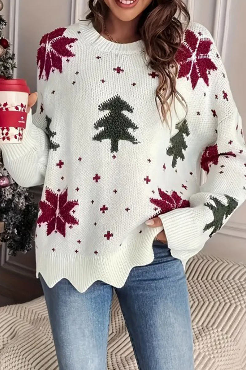 Ladies' Casual Snowflake Christmas Tree Print Loose Knit Sweater