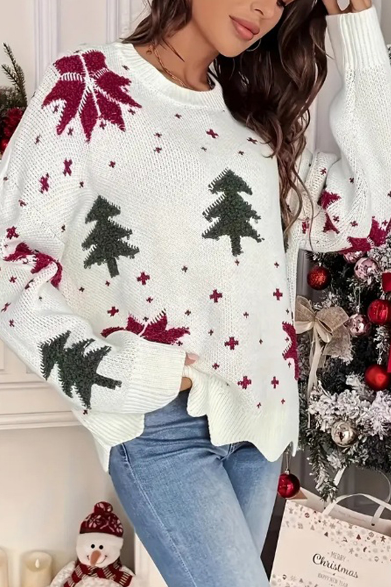 Ladies' Casual Snowflake Christmas Tree Print Loose Knit Sweater