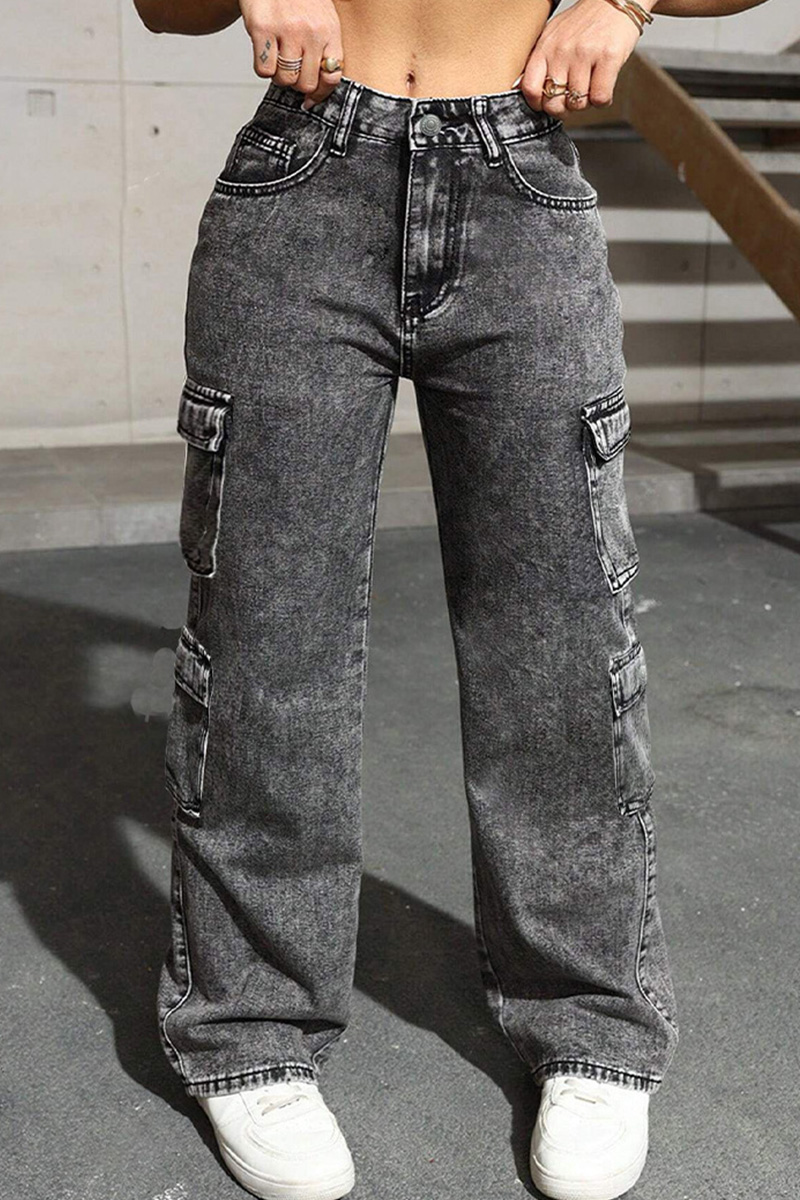 Women's Distressed Wash Multi-Pocket Cargo Jeans