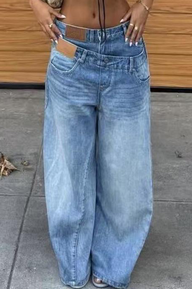 Lady's Vintage-style Faux Two-piece Twist Waist Jeans
