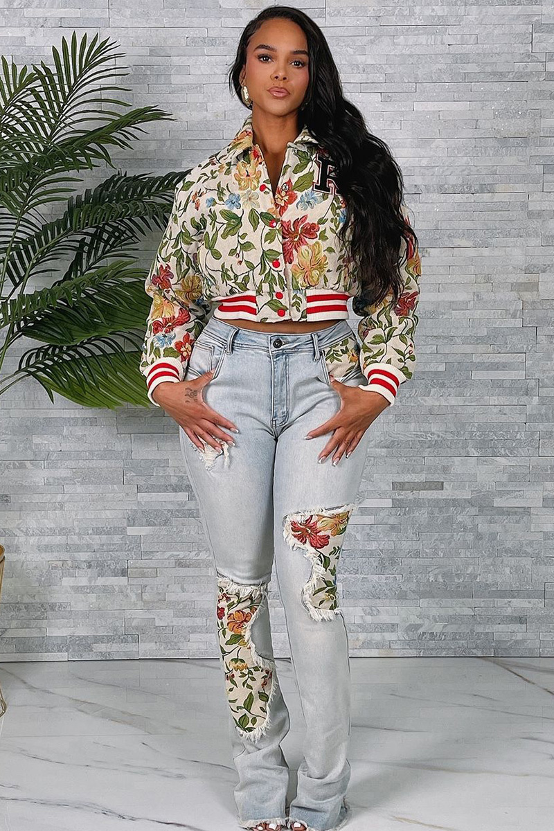 Ladies' Retro Floral Printed Baseball Jacket