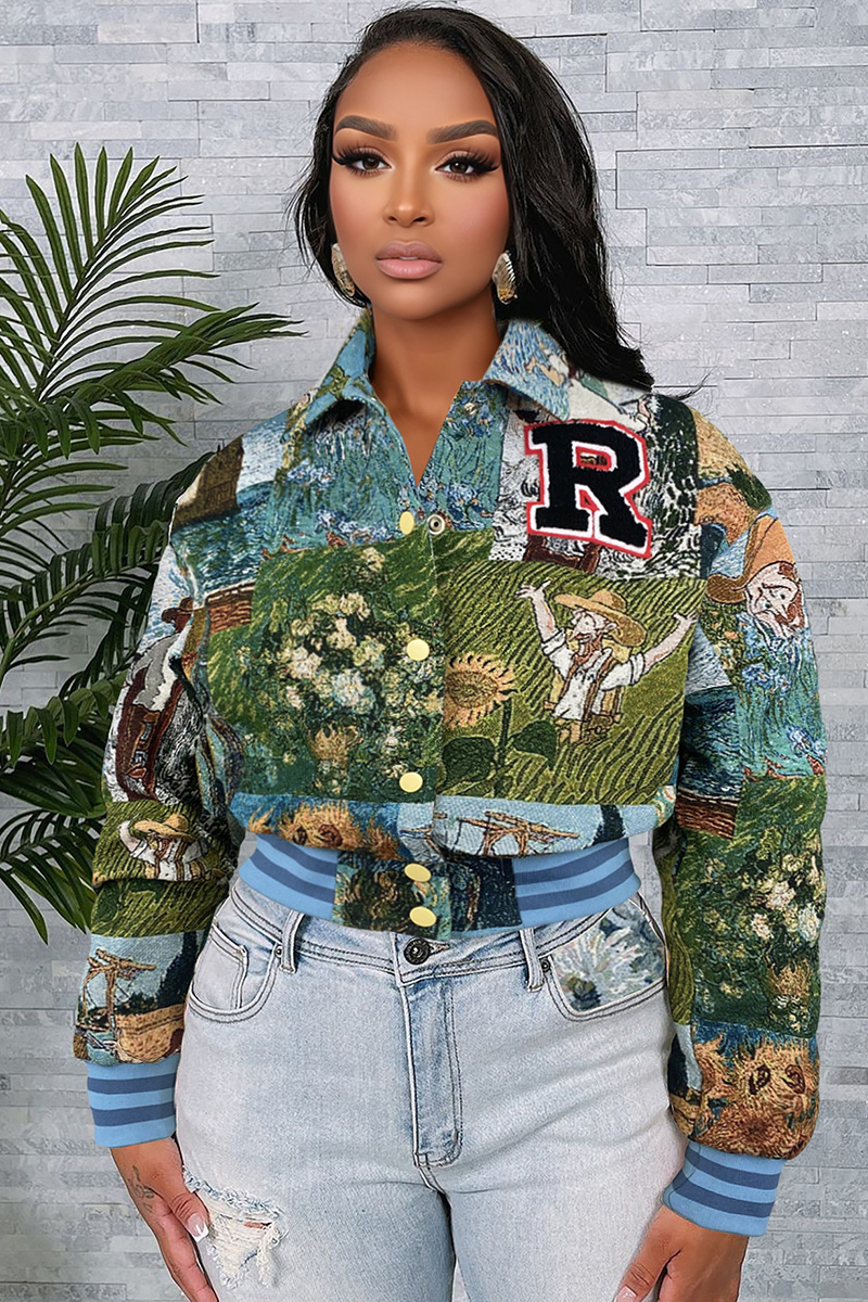 Ladies' Retro Floral Printed Baseball Jacket