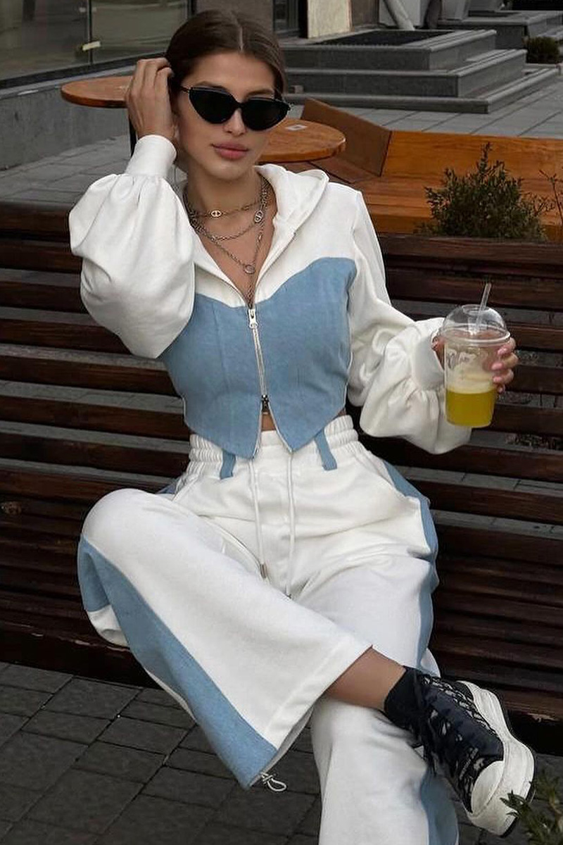 Stylish Ladies Contrast Blue Denim Hooded Two-Piece Set