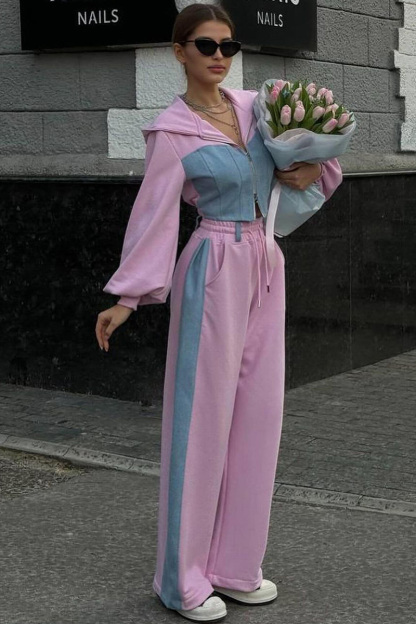 Stylish Ladies Contrast Blue Denim Hooded Two-Piece Set