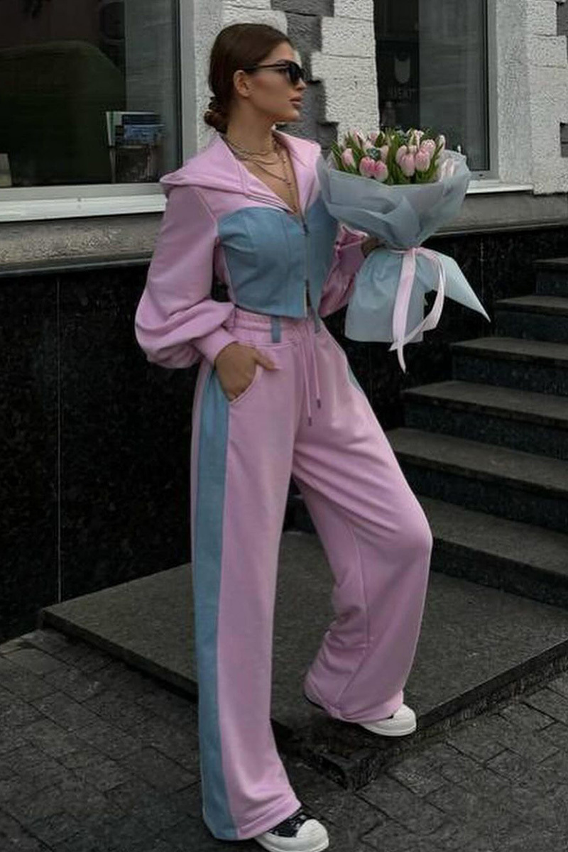 Stylish Ladies Contrast Blue Denim Hooded Two-Piece Set