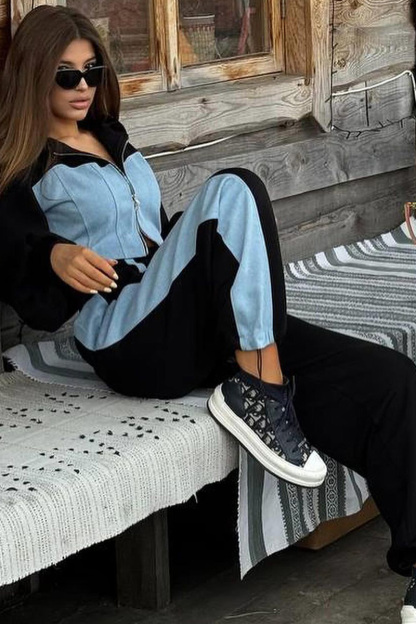 Stylish Ladies Contrast Blue Denim Hooded Two-Piece Set