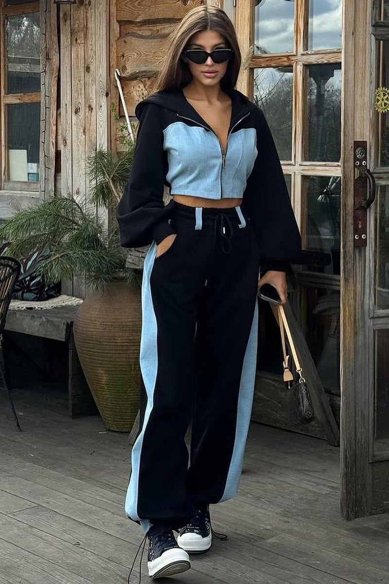 Stylish Ladies Contrast Blue Denim Hooded Two-Piece Set