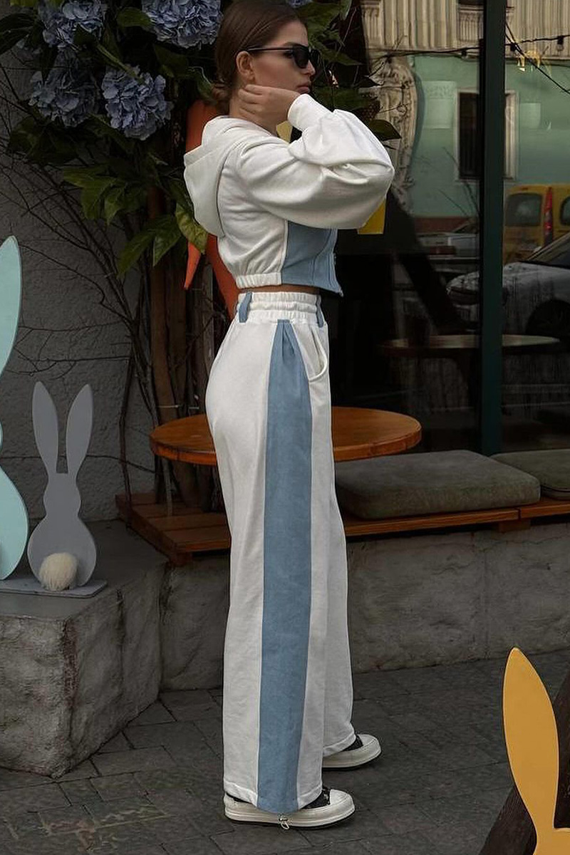 Stylish Ladies Contrast Blue Denim Hooded Two-Piece Set