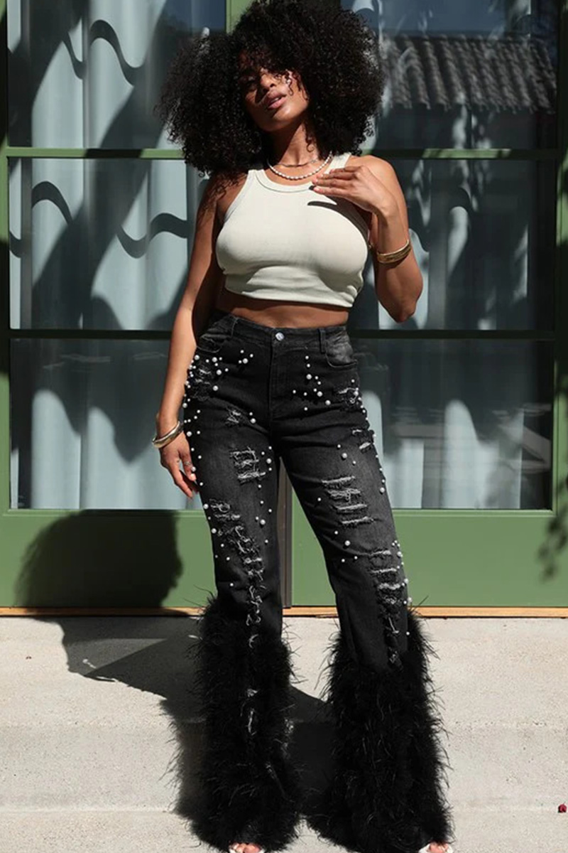 Ladies'  Distressed Pearl-Embellished Feather Jeans