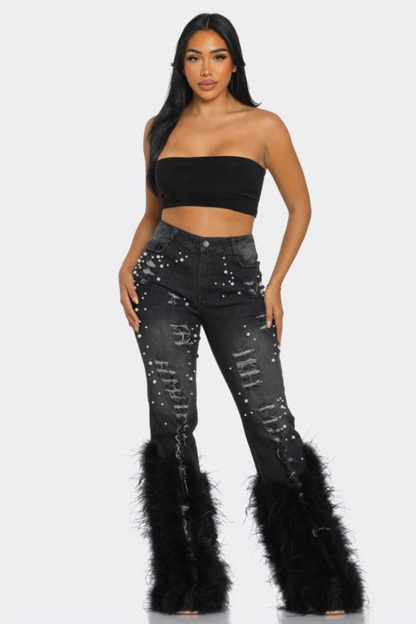 Ladies'  Distressed Pearl-Embellished Feather Jeans