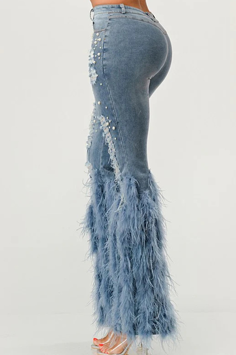 Ladies'  Distressed Pearl-Embellished Feather Jeans