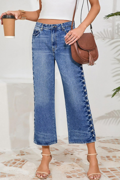 Women's Stylish Metal Rivet Embellished Straight Leg  Jeans