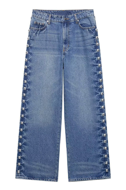 Women's Stylish Metal Rivet Embellished Straight Leg  Jeans