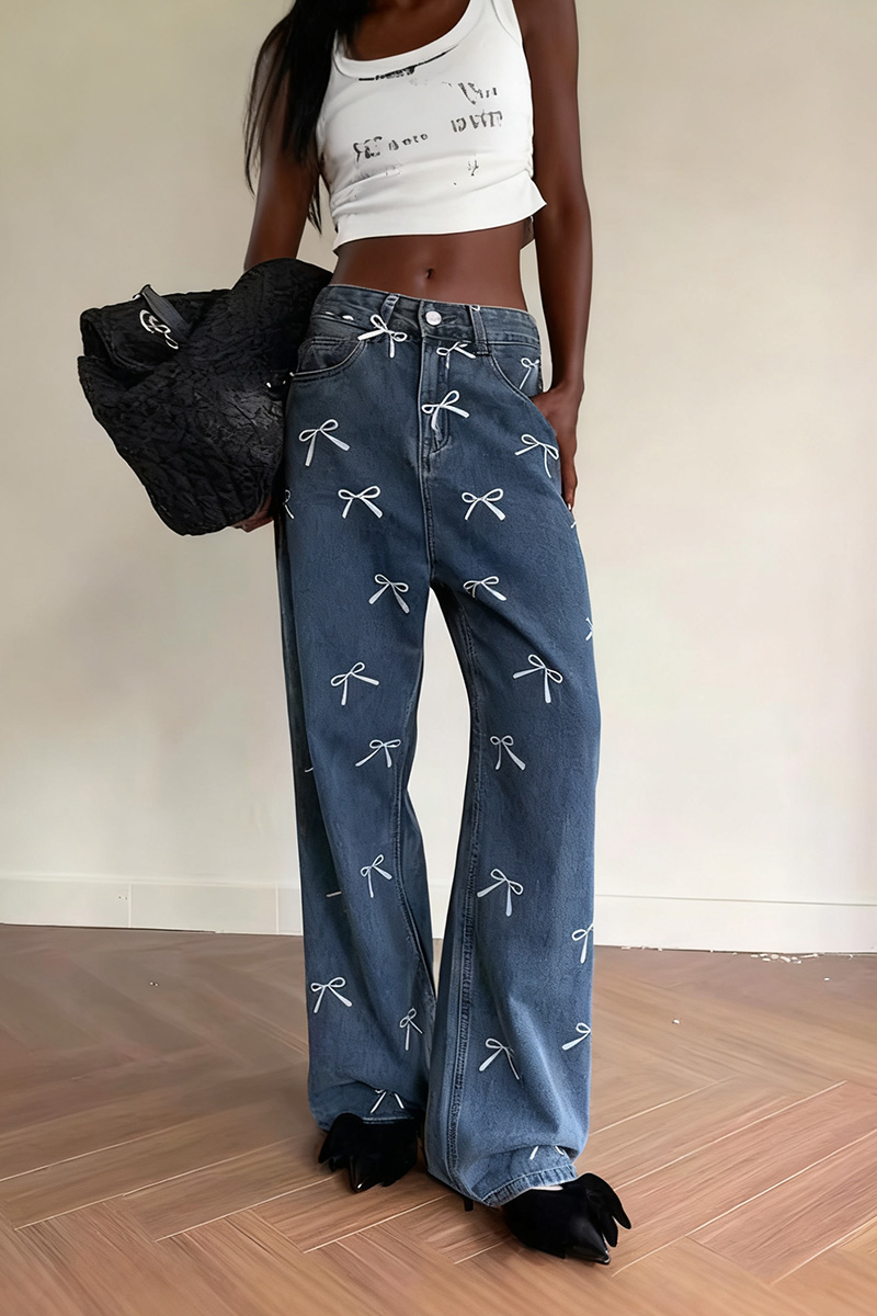 Ladies' Sweet Spicy Bow Print Loose Fit Jeans