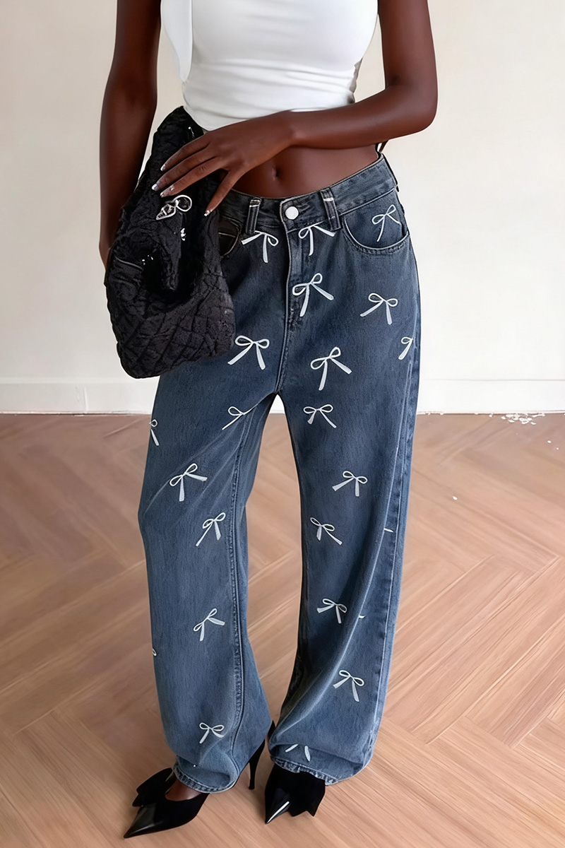 Ladies' Sweet Spicy Bow Print Loose Fit Jeans