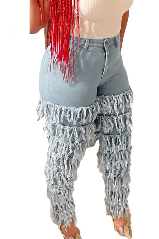 Women's Distressed Stacked Multi-Layer Fringe Jeans