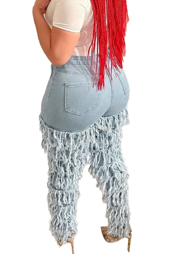 Women's Distressed Stacked Multi-Layer Fringe Jeans