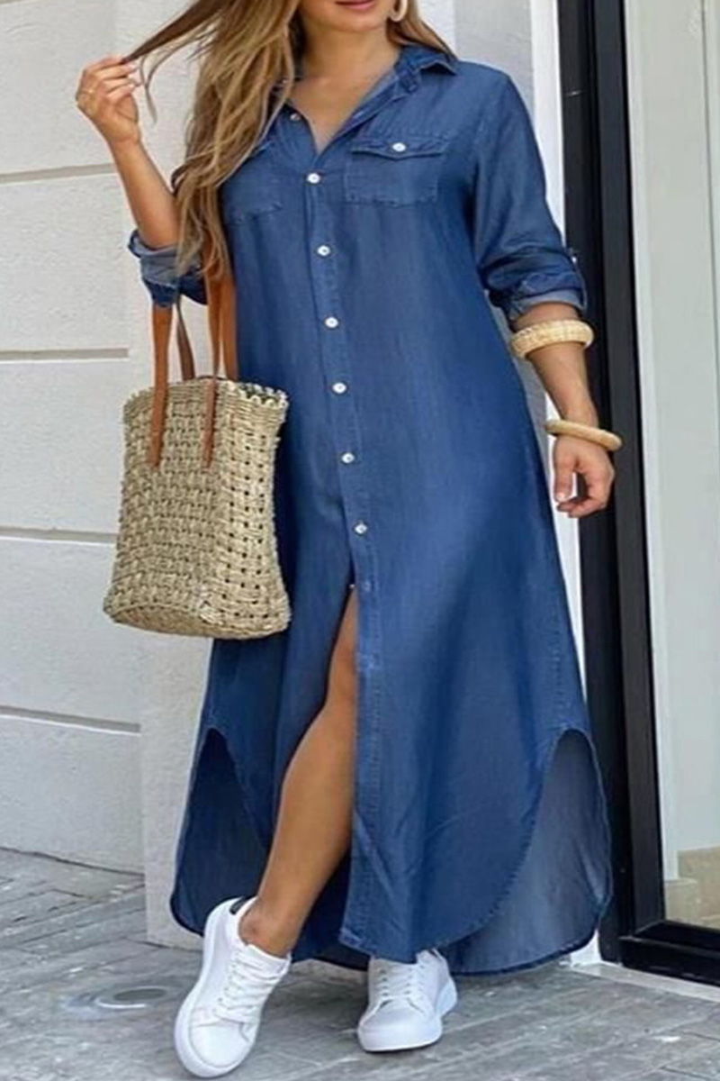 Ladies' Relaxed Solo-Button Shirt Dress Turn-Down Collar