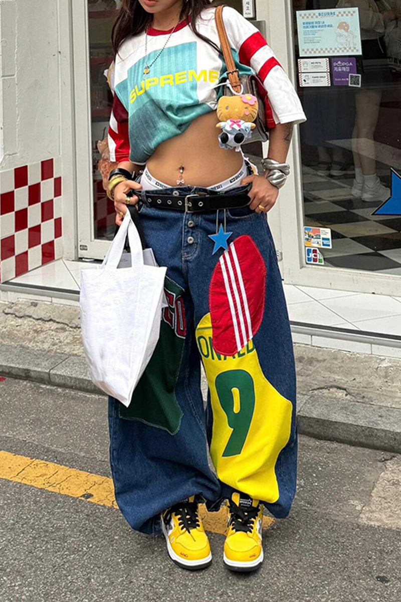 Ladies Street Color-Block Floral  Jeans
