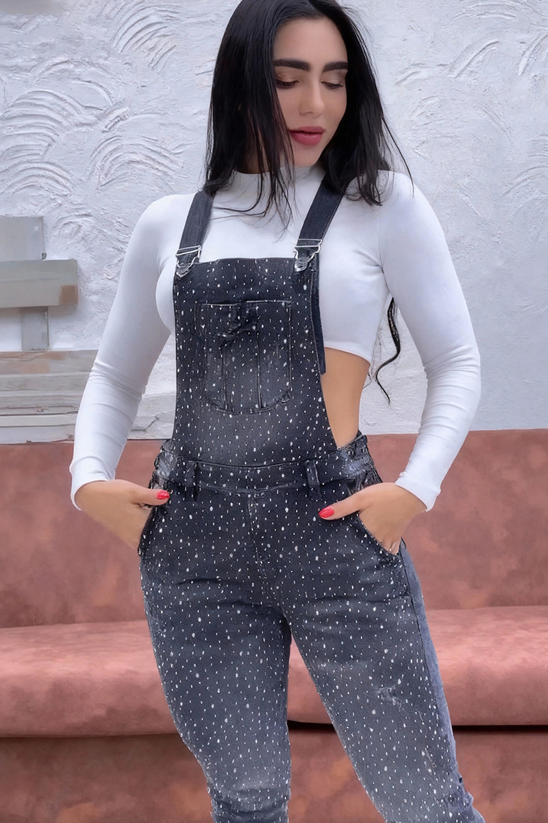 Ladies' Stylish Distressed Crystal Decorated Jumpsuit