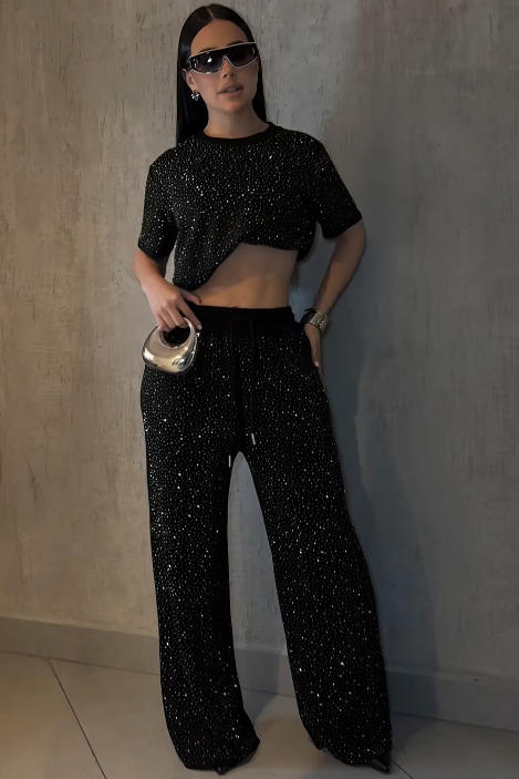 Fancy Embroidered Rhinestone Casual Top +Pants Set