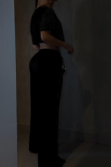 Fancy Embroidered Rhinestone Casual Top +Pants Set