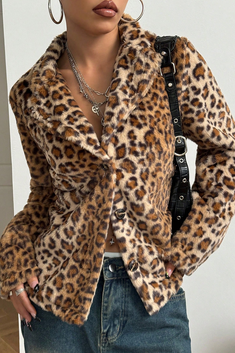Ladies' Button-Down Flip-Collar Thickened Leopard Print Coat