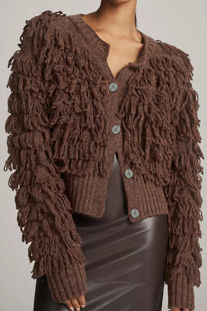 Elegant Women's Button-Detailed Circular Fringe Sweater