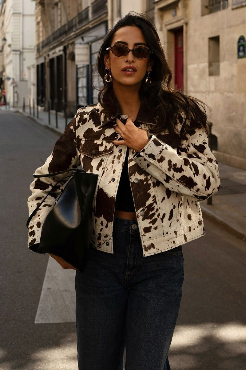 Ladies' Casual Contrast-Color Print Tweed Jacket