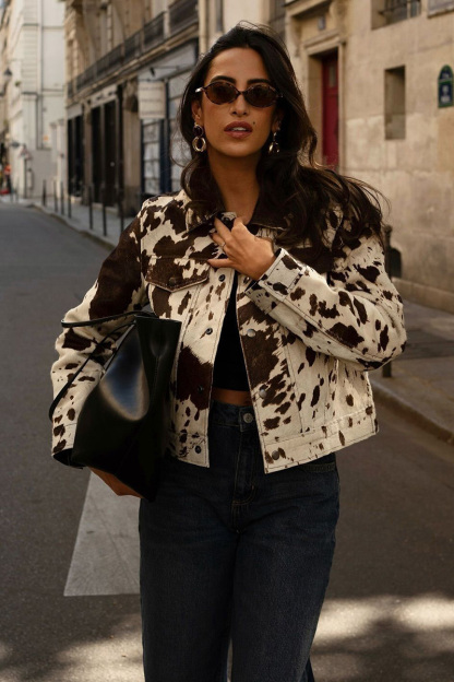 Ladies' Casual Contrast-Color Print Tweed Jacket