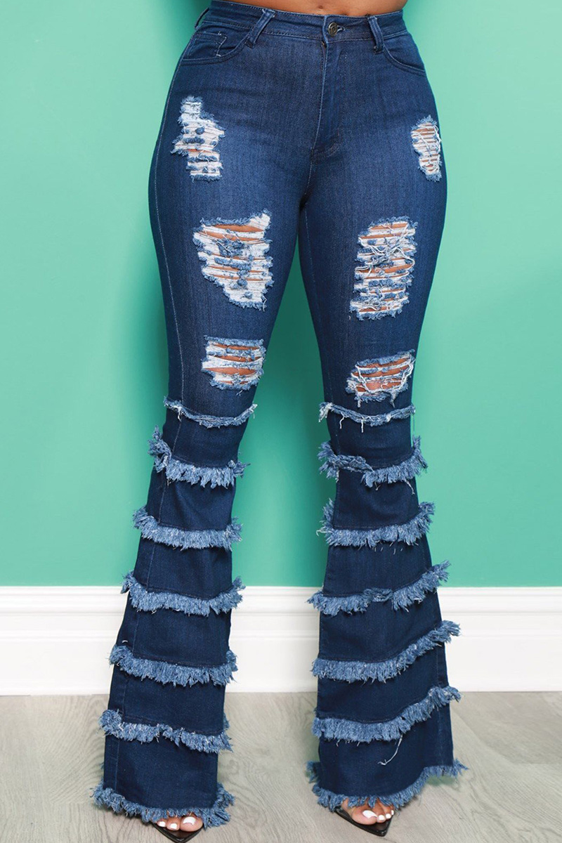 Ladies' Retro Frayed Hem Bell Bottom Jeans