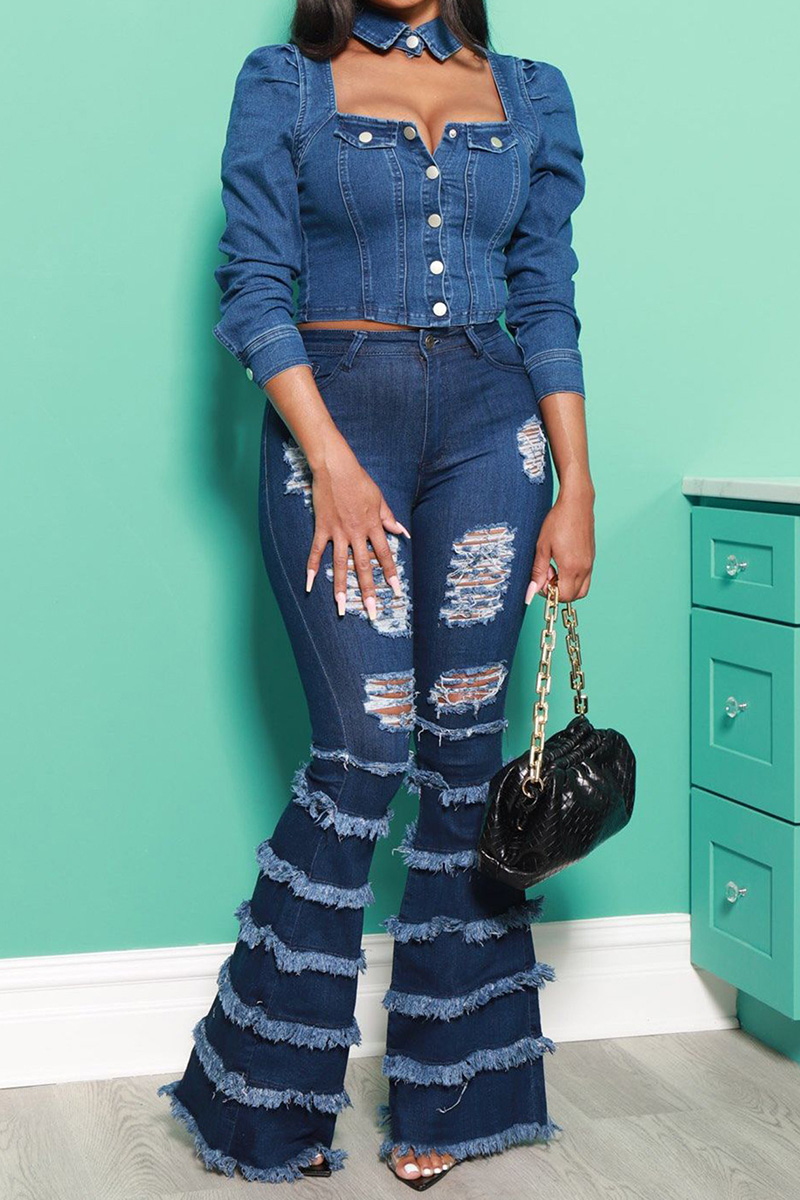 Ladies' Retro Frayed Hem Bell Bottom Jeans