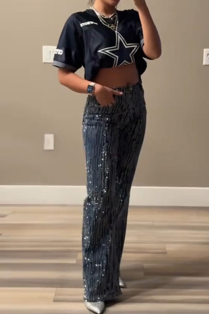 Women's Irregular Striped Crystal Stretch Jeans