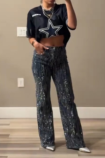 Women's Irregular Striped Crystal Stretch Jeans