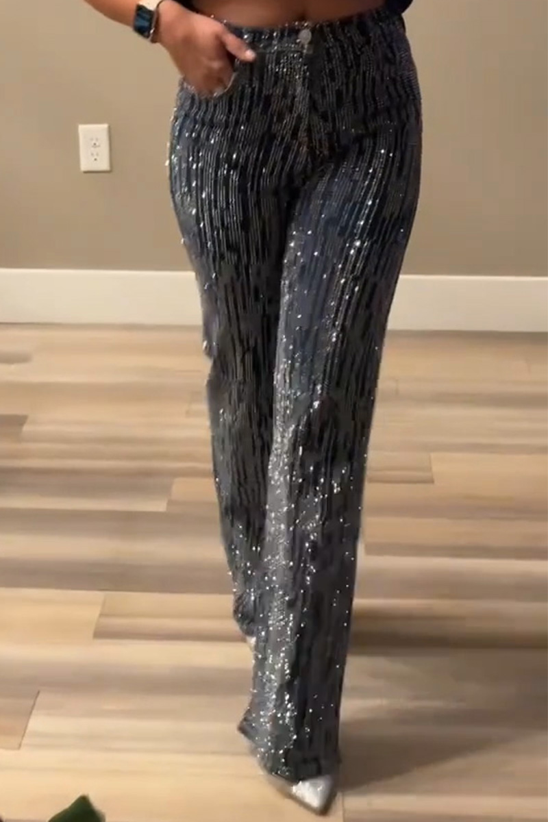 Women's Irregular Striped Crystal Stretch Jeans