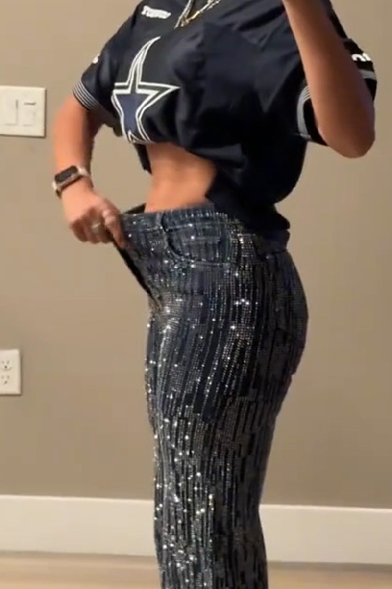 Women's Irregular Striped Crystal Stretch Jeans