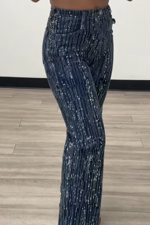 Women's Irregular Striped Crystal Stretch Jeans