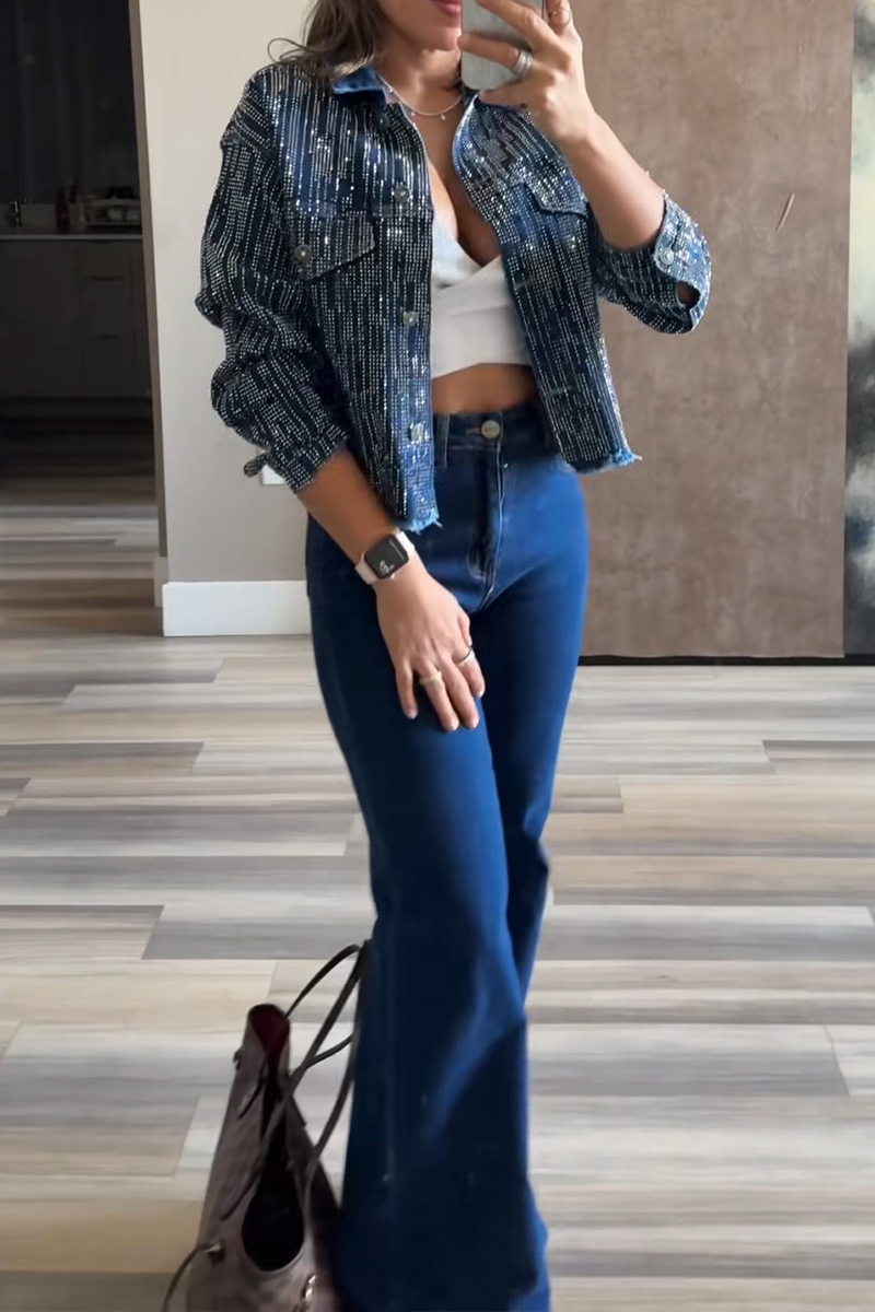 Ladies'  Asymmetric Studded Distressed Denim Jacket