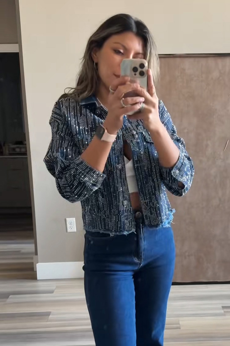 Ladies'  Asymmetric Studded Distressed Denim Jacket